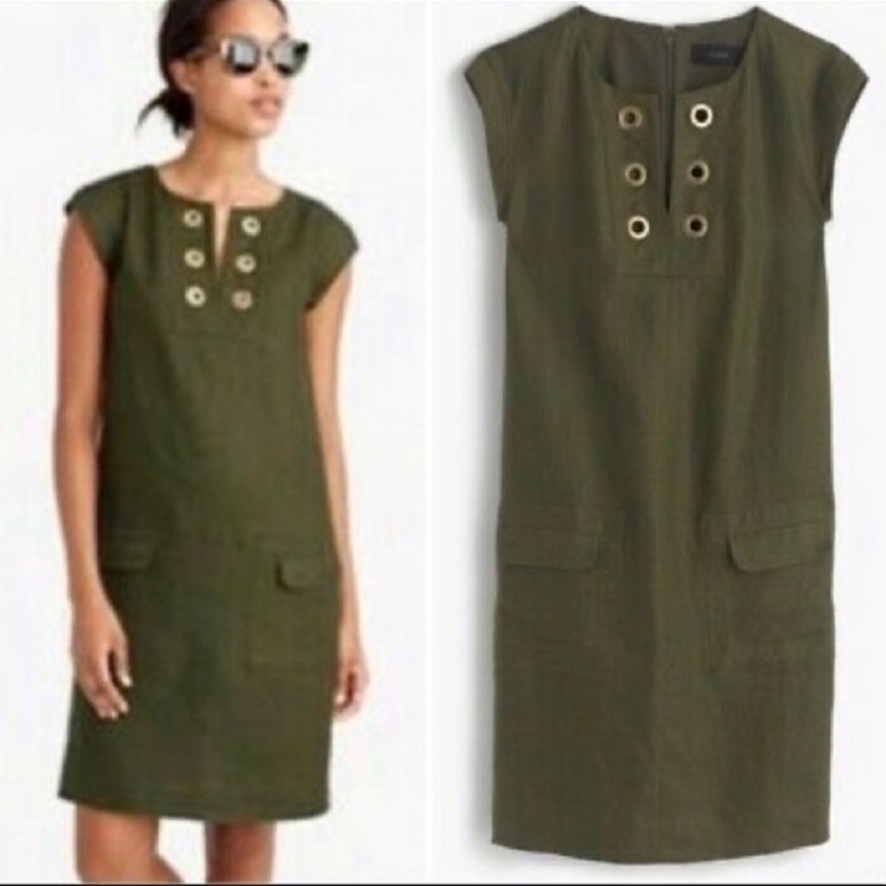 Women's J.CREW Tuscan Olive Green Grommet Linen Shift Short 0 Dress